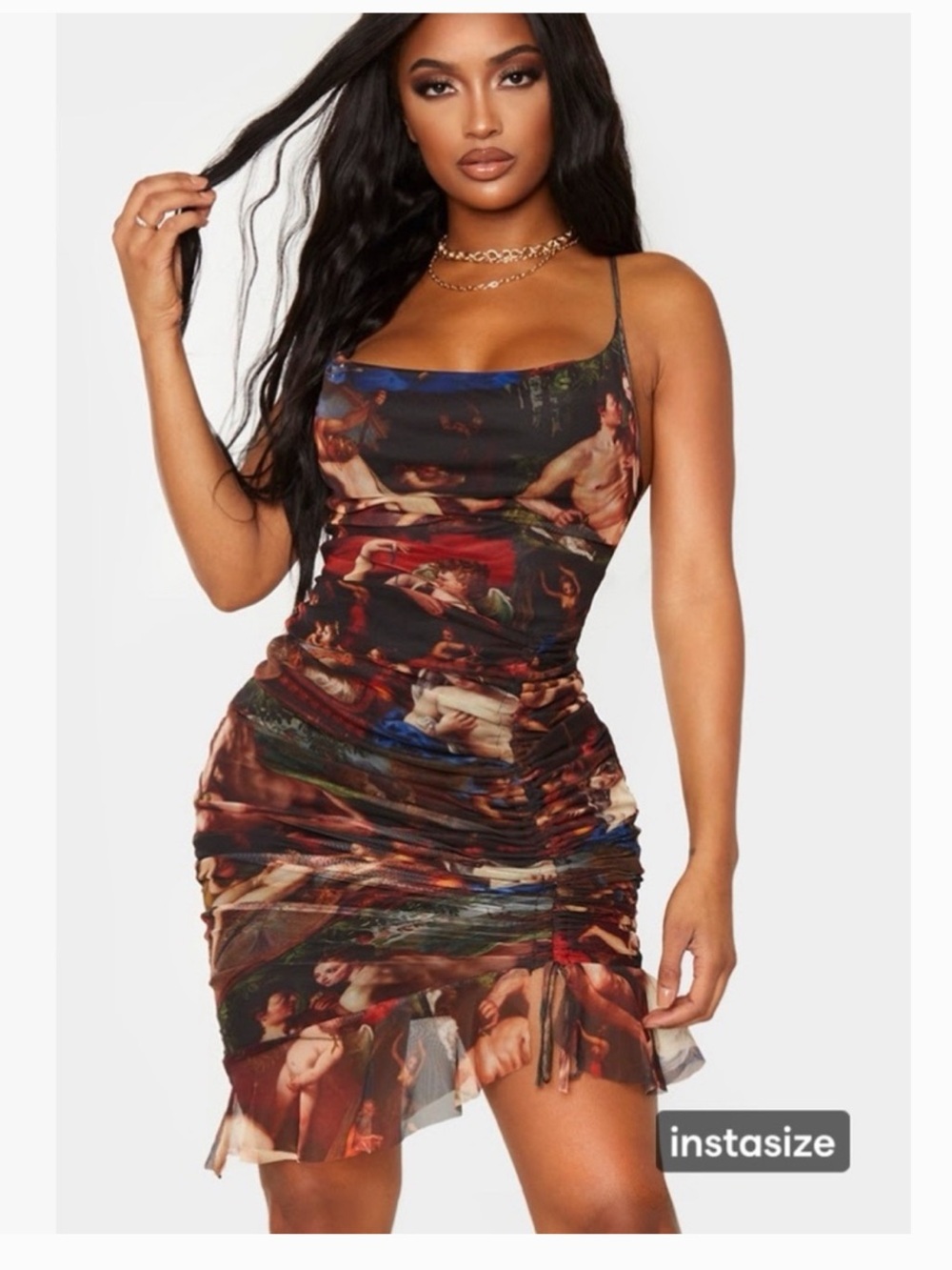 Pretty little things 14 Ruched Art-Print Mini Dress in Multi Brown Y2K